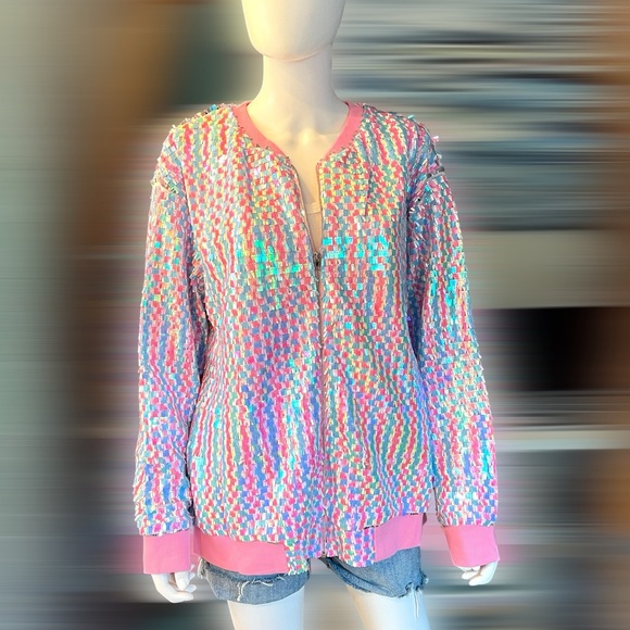 FANTASTIC FAWN Oversized sequin lightweight pink trim jacket S M L - Picture 8 of 8